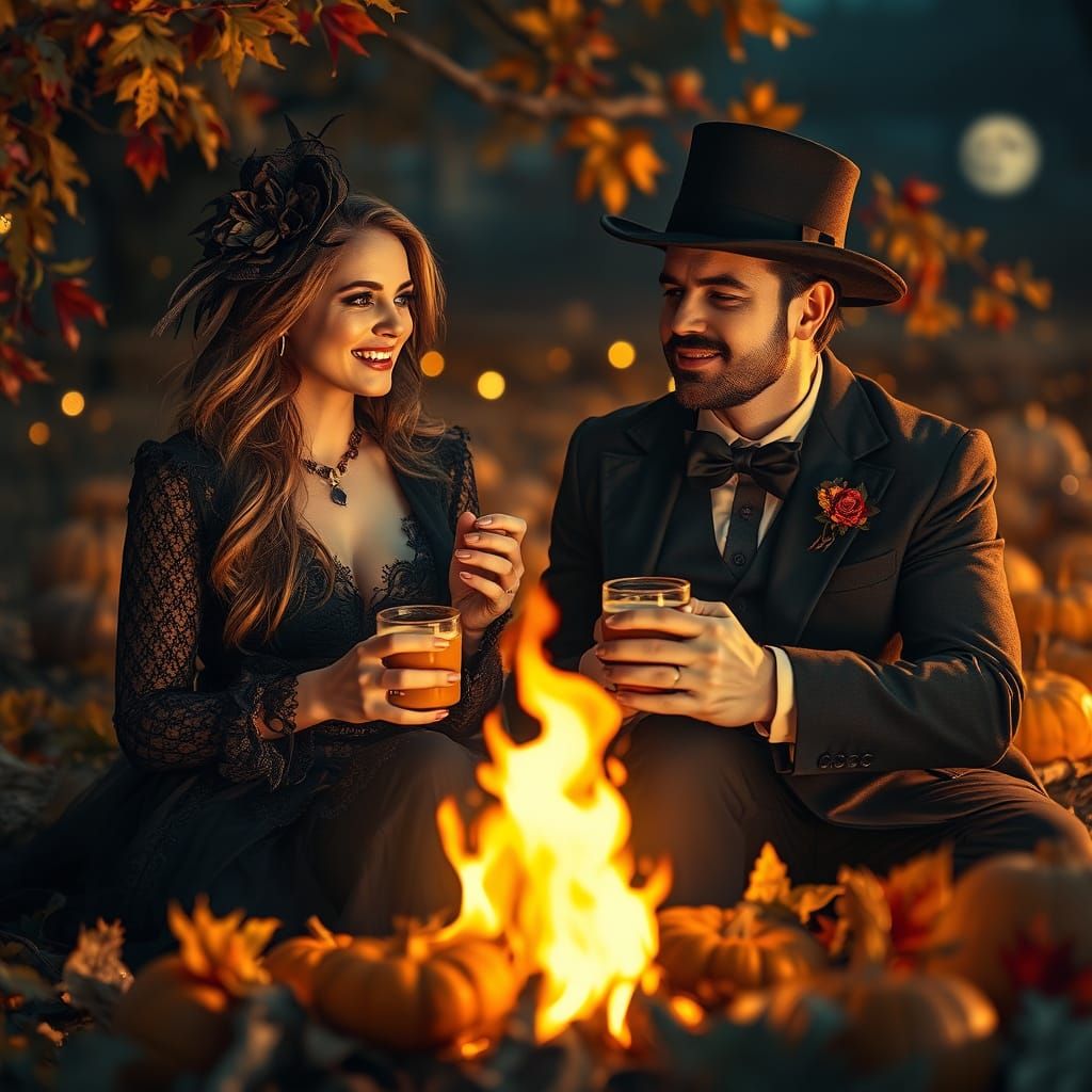 Goth Couple Share Cider by Bonfire, Neo-Impressionism