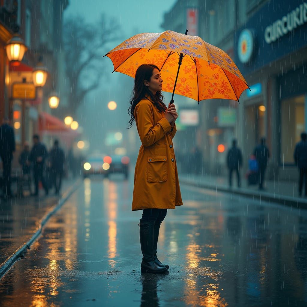 A Whimsical Woman Finds Shelter in a Rainy City Scene