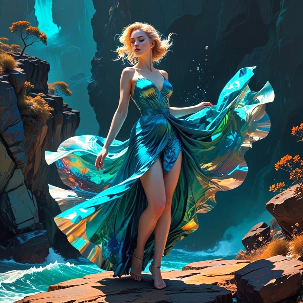 Ethereal Woman on Cliff Overlooking Celestial Landscape