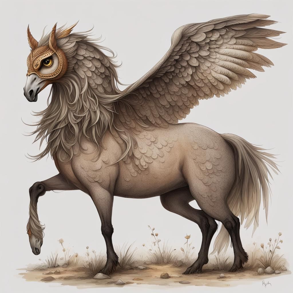 Mythical Owl-Horse Creature in Digital Art Style