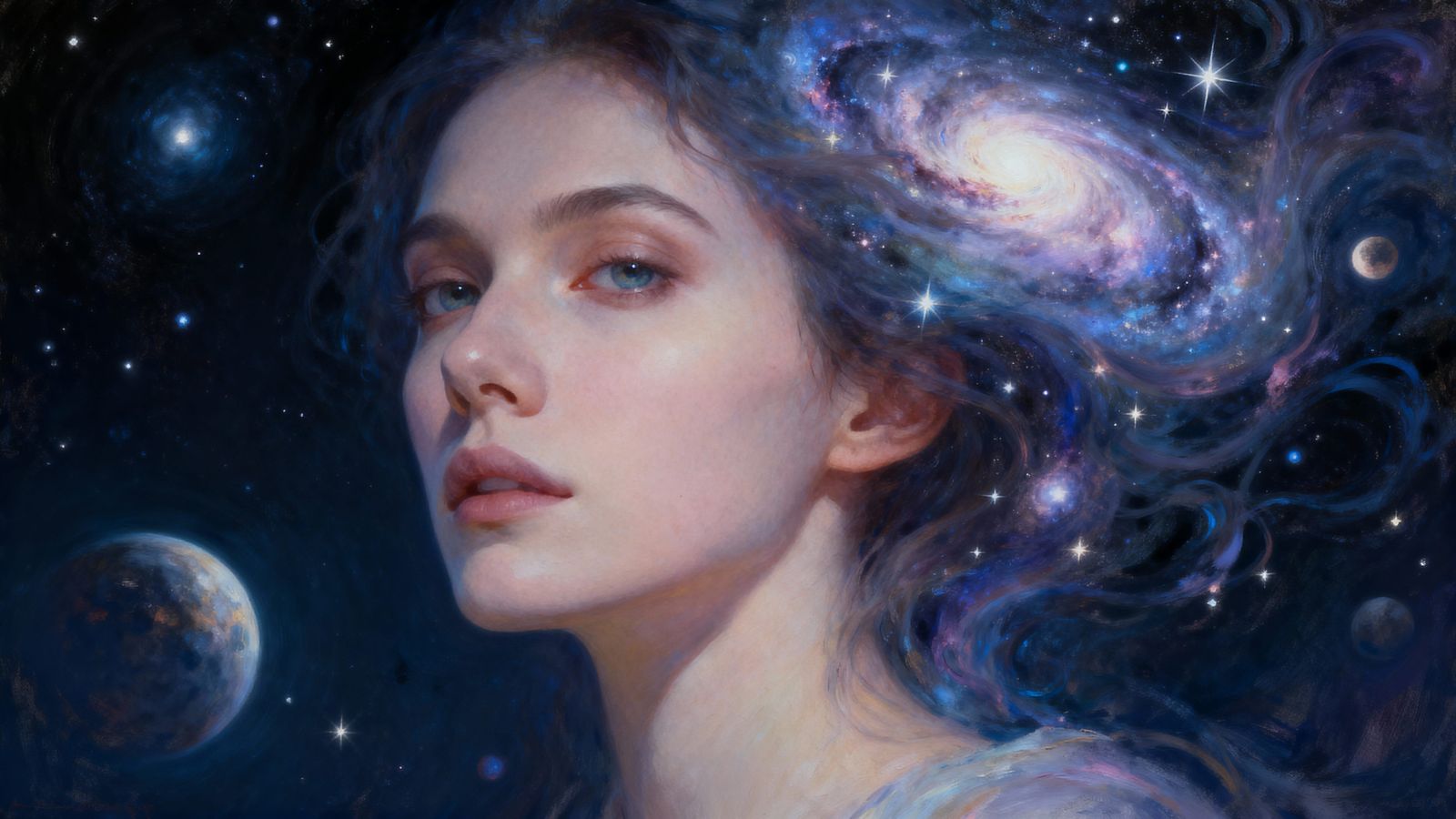 Ethereal Woman with Galaxy Hair in Cosmic Void