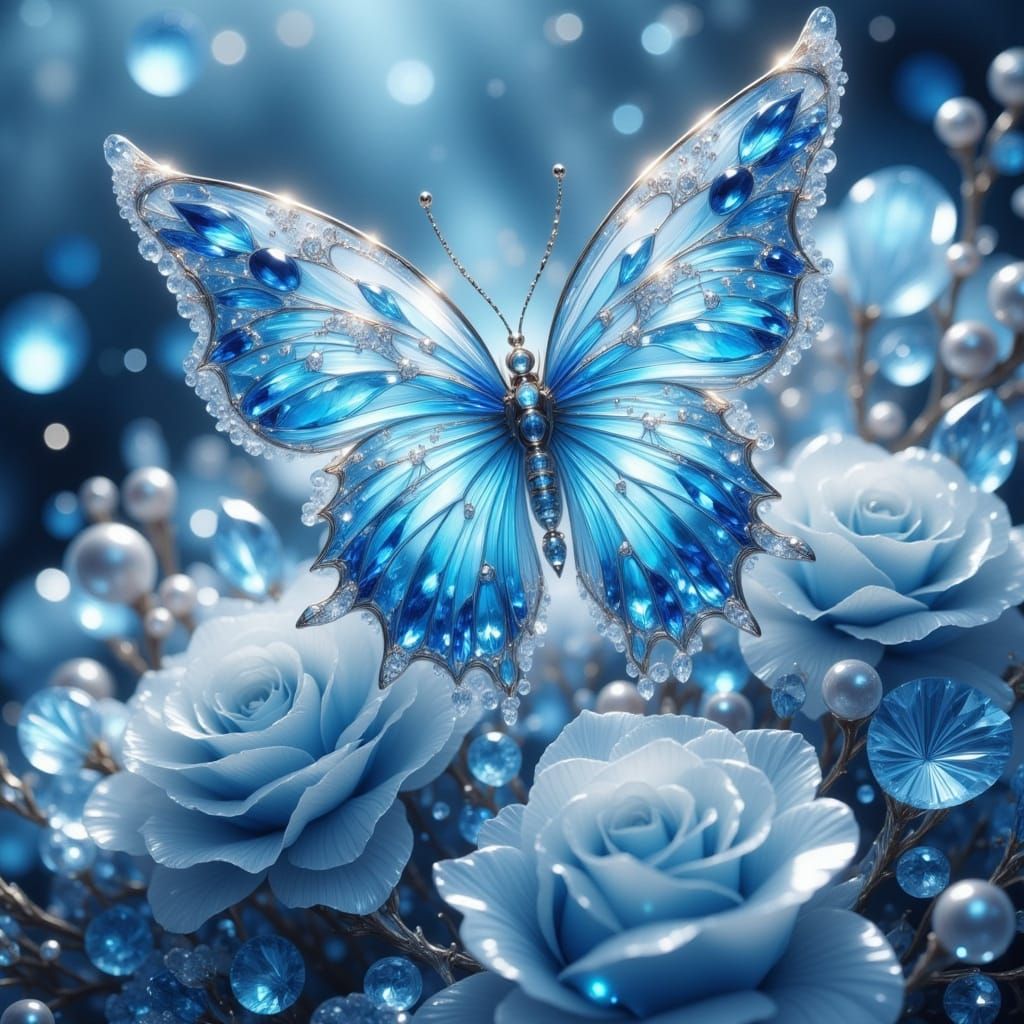 Ethereal Blue Butterfly with Jeweled Roses