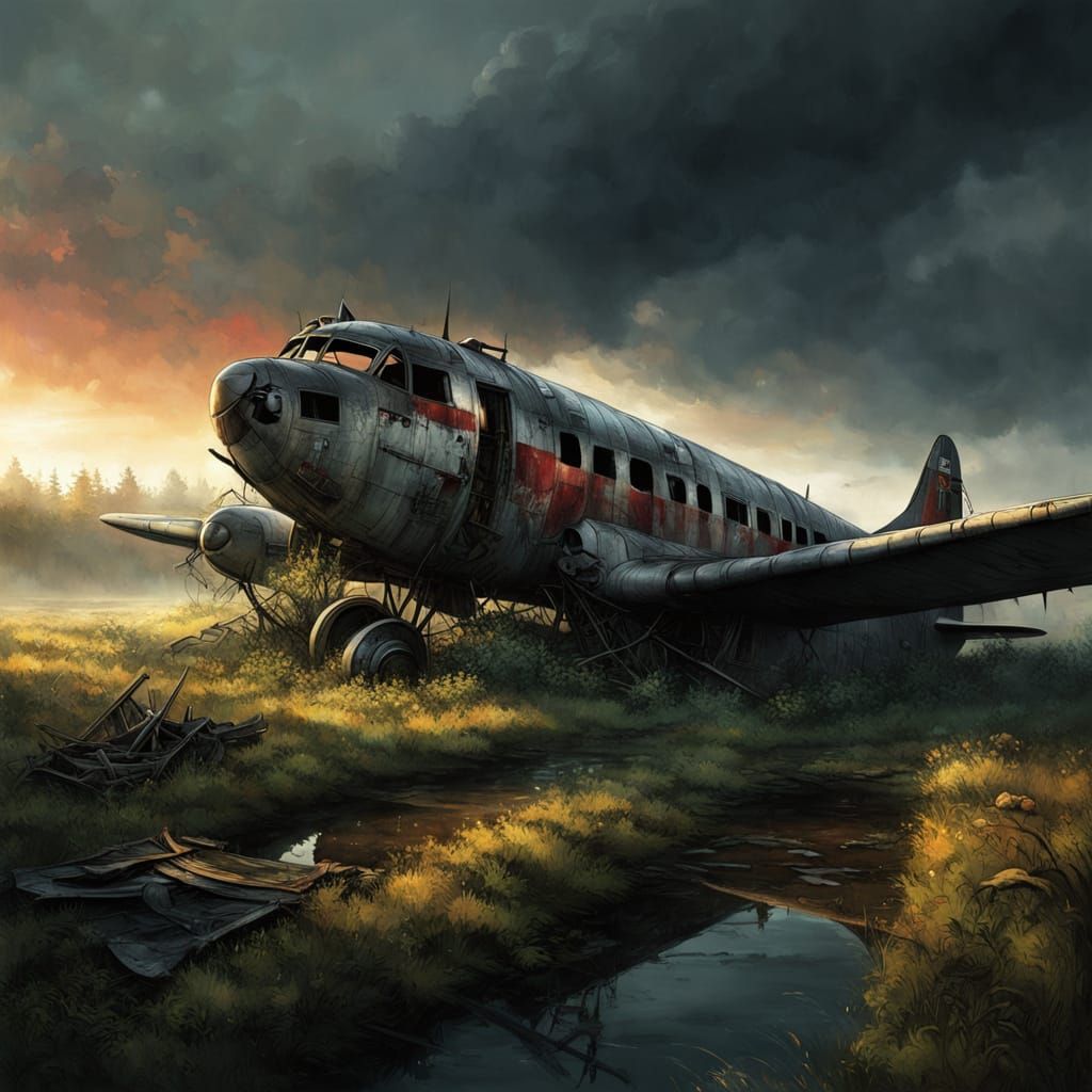 Eerie Airport Concept Art with Sunlit Plane Wreck