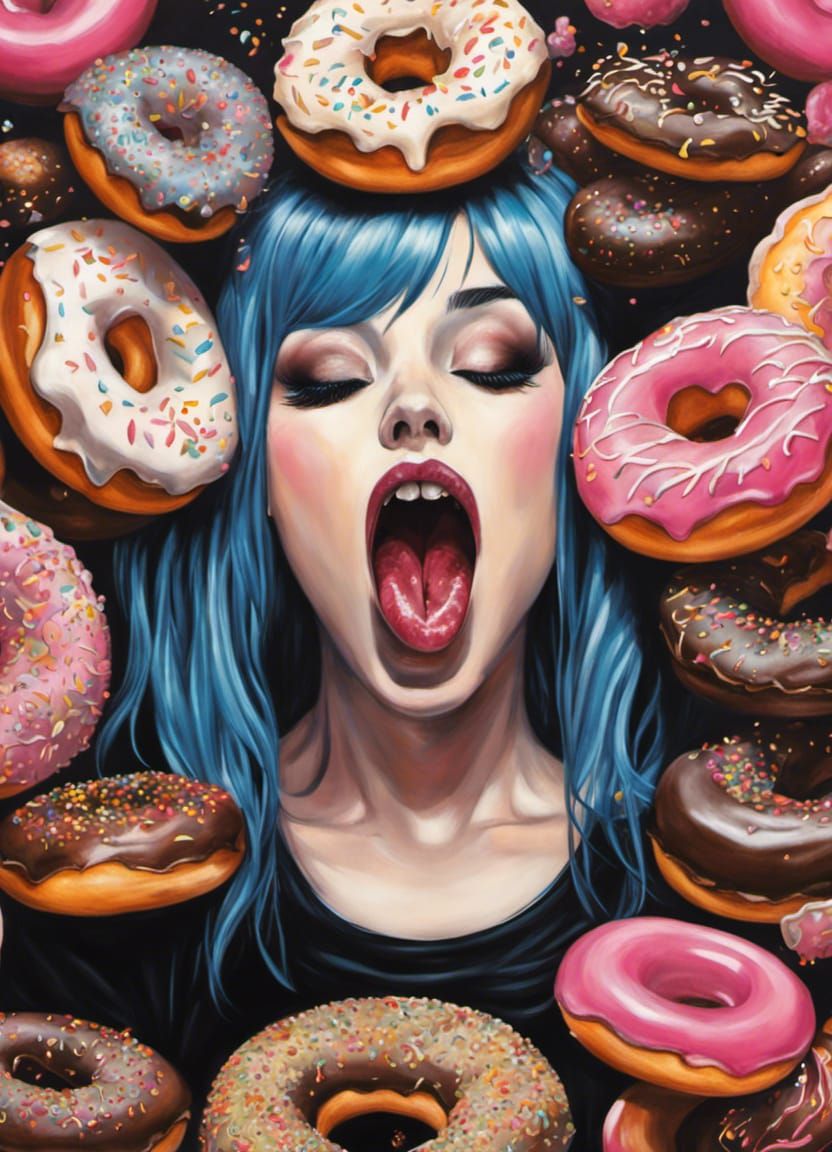 Screaming goth woman vomiting doughnuts