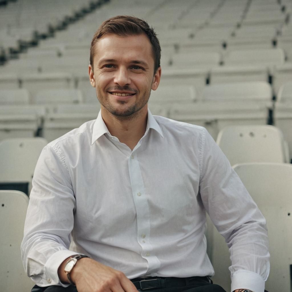 Smiling Slavic Man in Stadium, Photorealistic Portrait