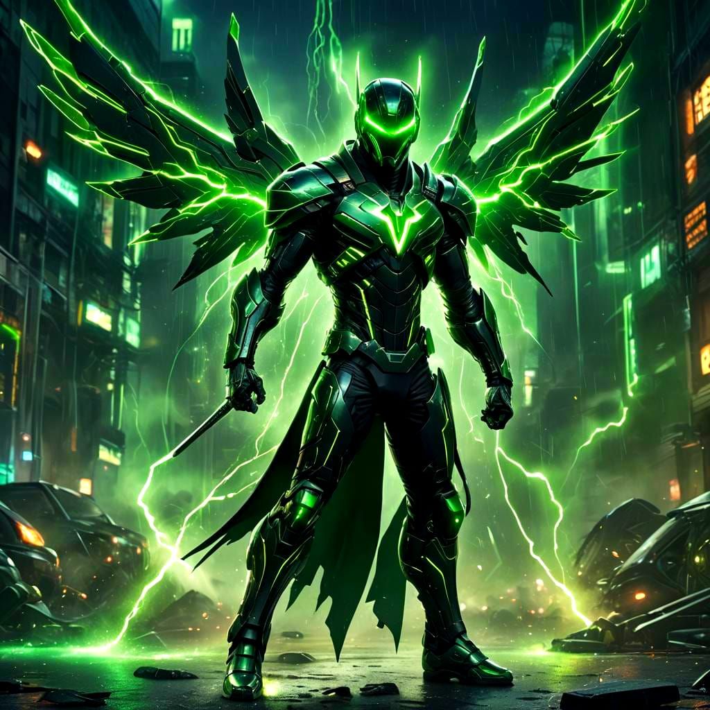 Cybernetic Superhero Swordsman with Green Lightning, Digital...