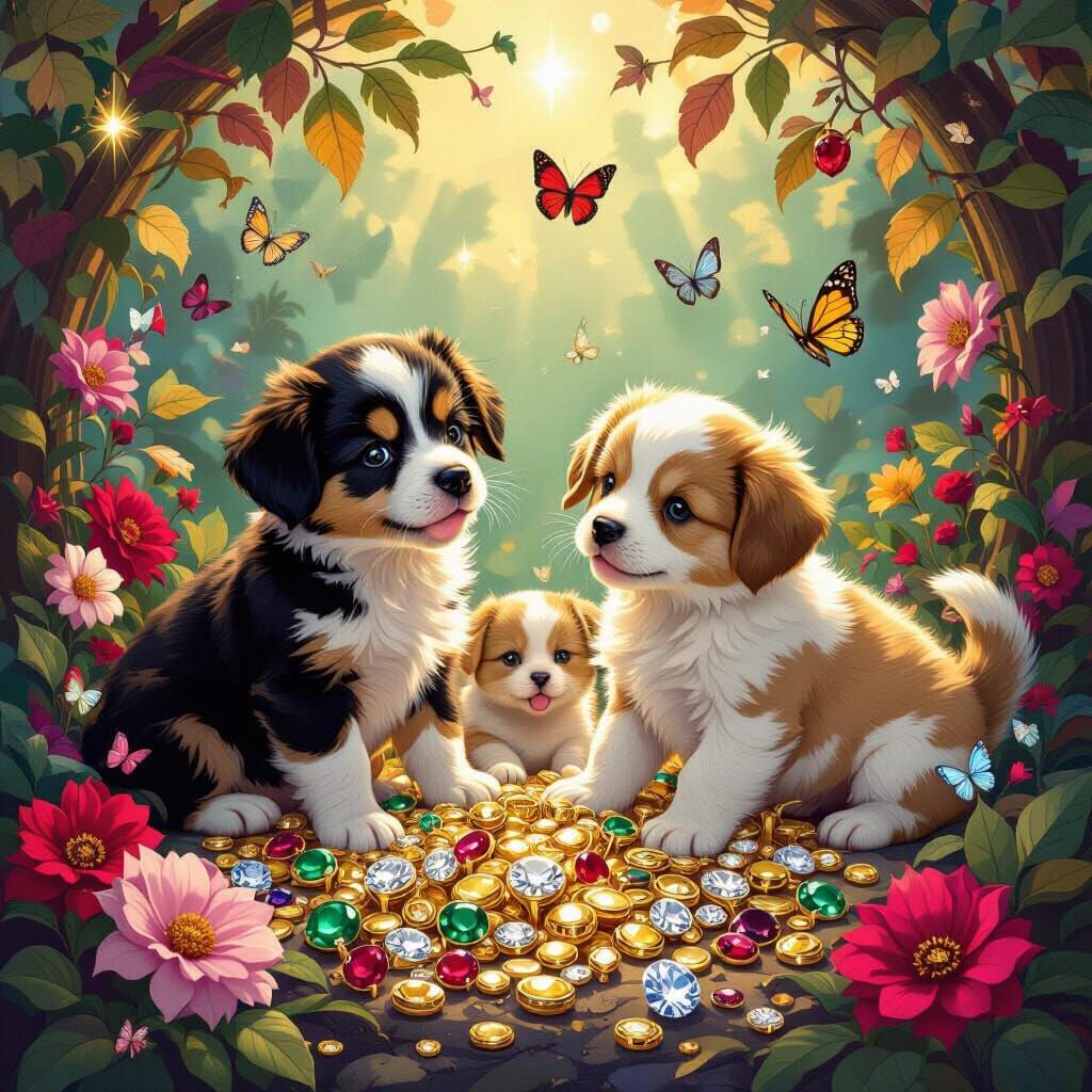 Puppies, Kittens, and Treasure in Art Nouveau Style