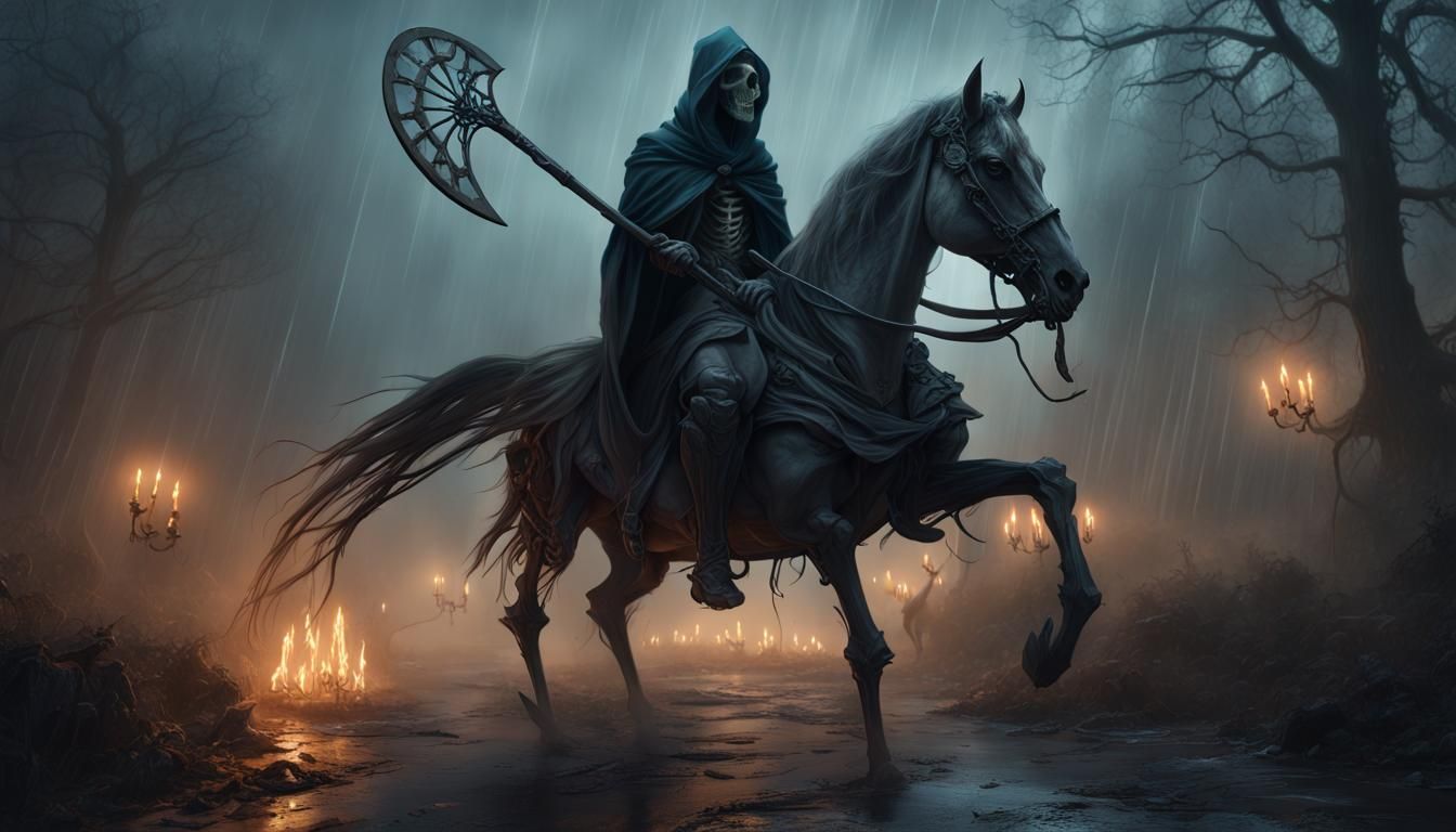 Death Rides: Skeleton Horseman with Scythe in Dark Fantasy S...