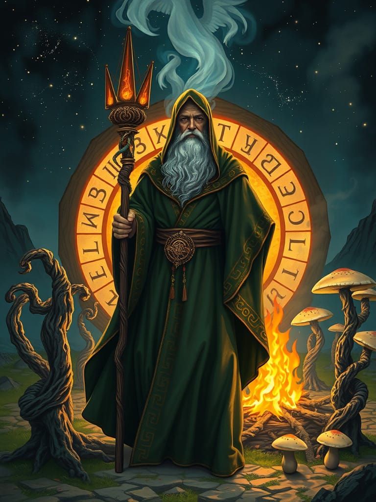 Slavic Magus Enchants with Runes, Staff, and Celestial Porta...