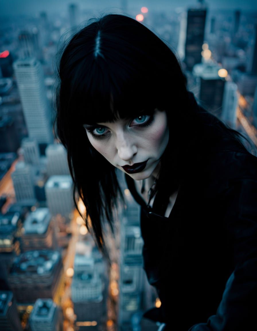 Gothic Woman with Blue Eyes on Skyscraper Edge