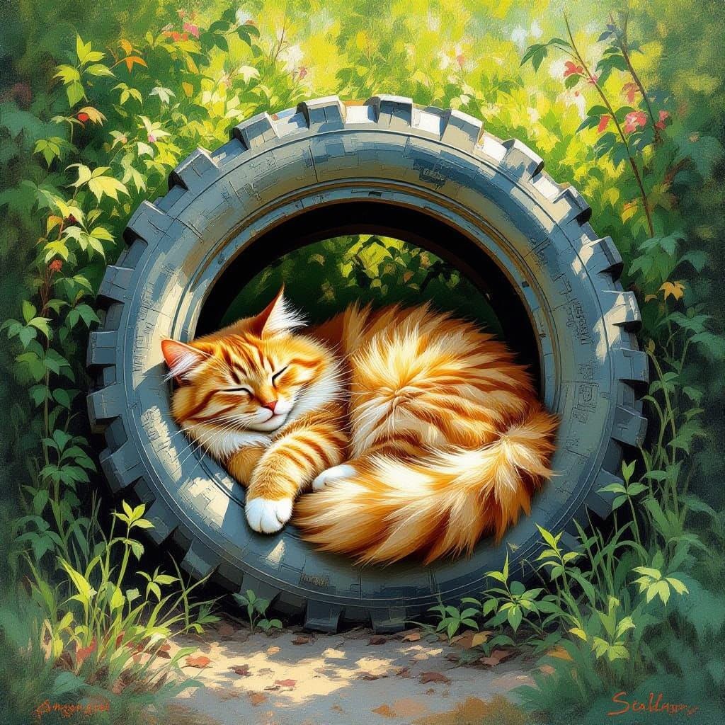 Whimsical Cat in a Weathered Tyre, in Impressionist Style