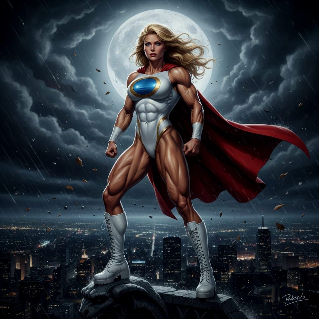 Power Girl in Skintight Costume on Windy Night