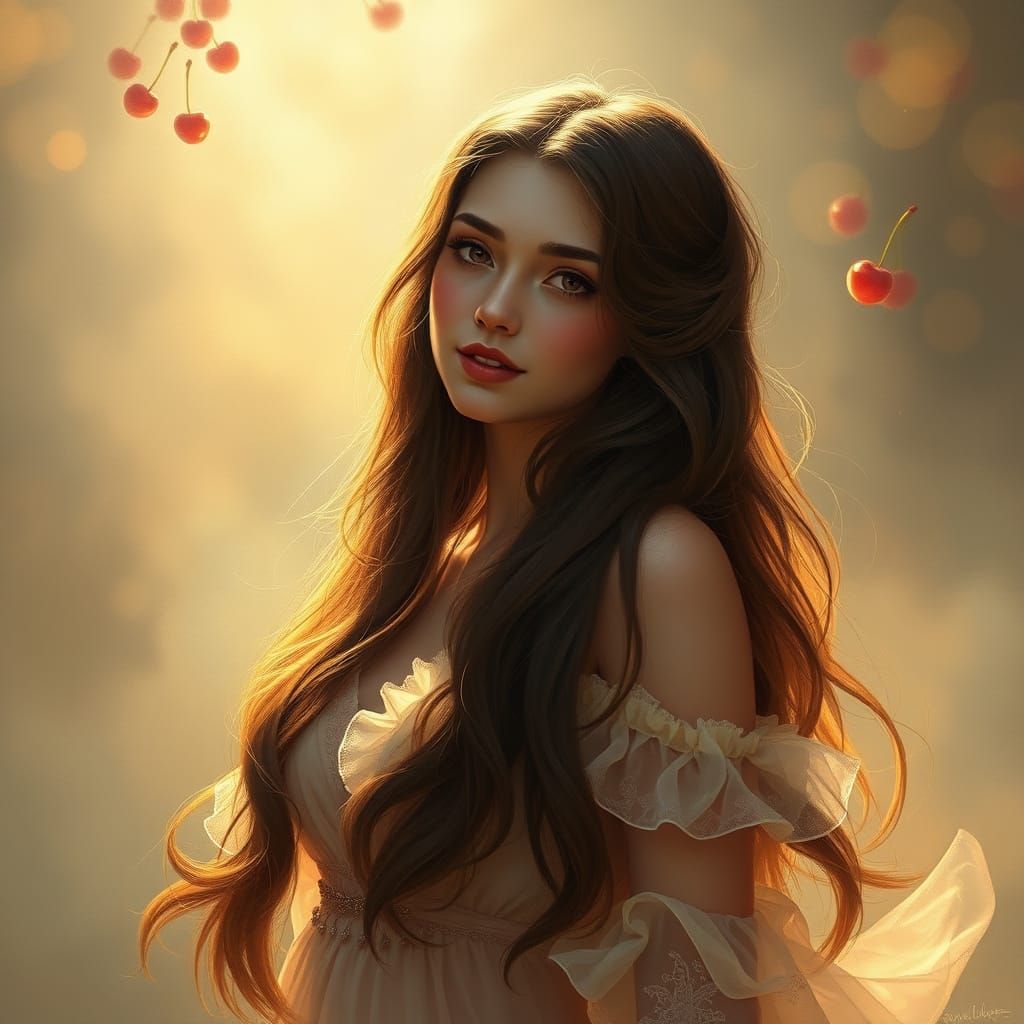 Serene Cherry Lady in Whimsical Dreamscape