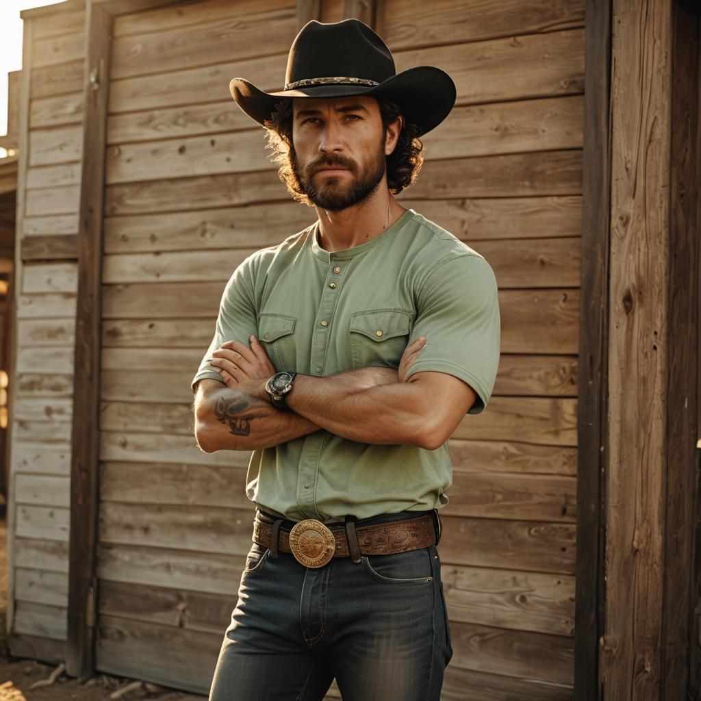 Confident Cowboy with Piercing Green Eyes and Tattoos