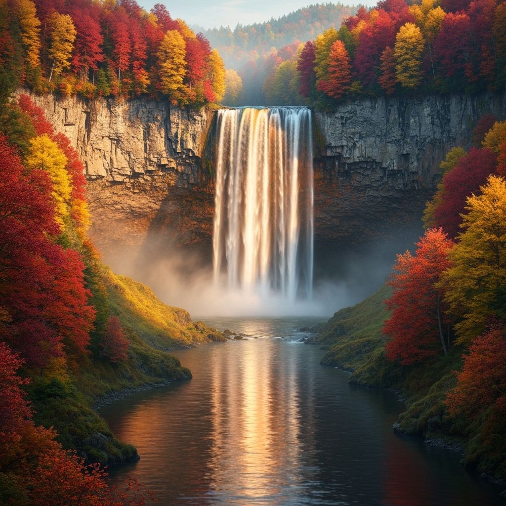 Autumn Waterfall in Crimson and Gold Matte Painting