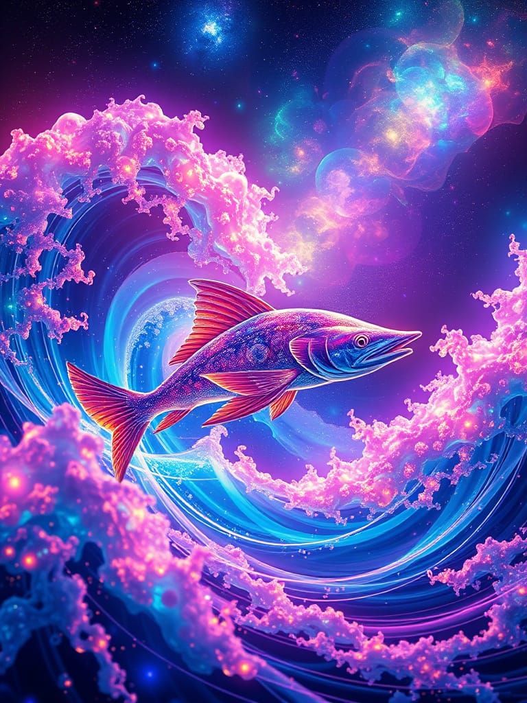 Bioluminescent Sailfish Amidst Fractal Light Waves