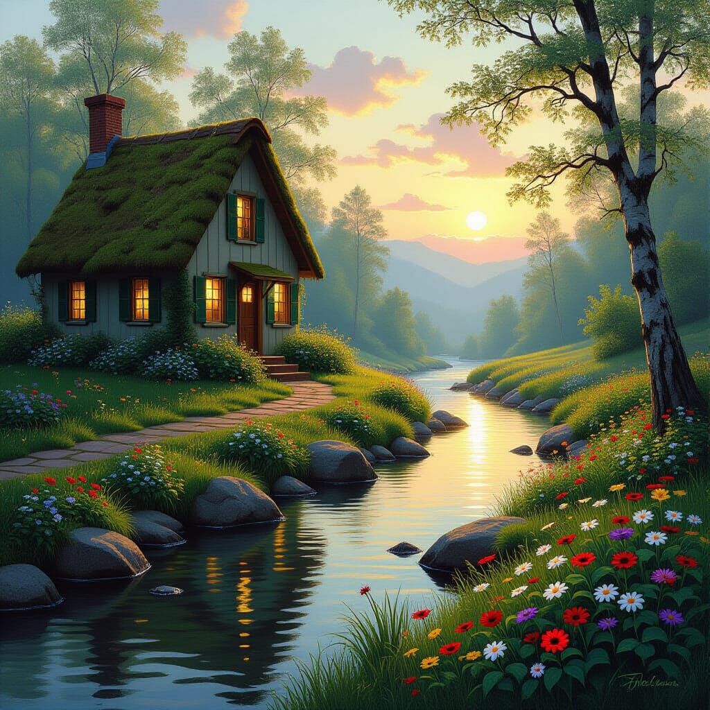 Moss Cottage by Stream at Sunset in Painterly Style