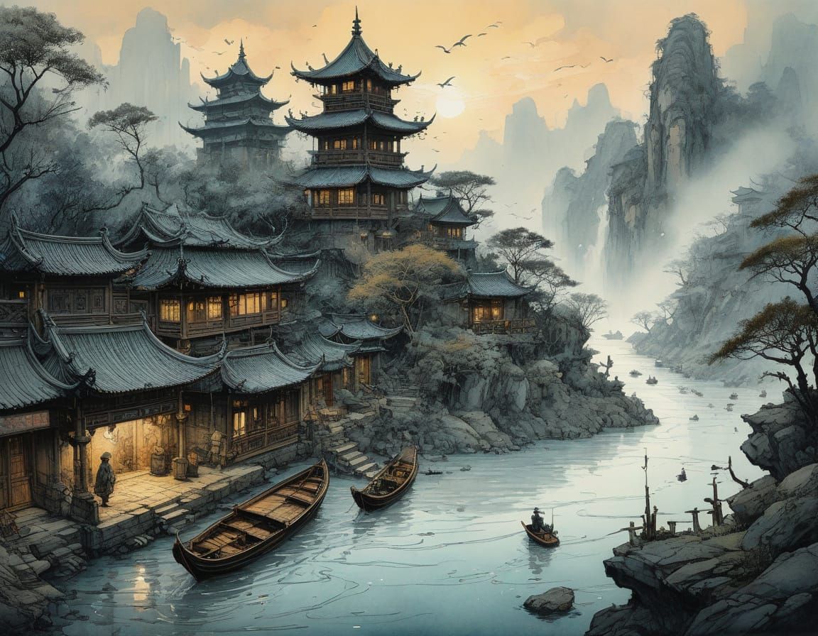 Ethereal Chinese Landscape in Watercolour