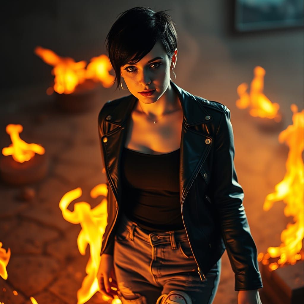 Woman Walks Through Flames in Cinematic Style