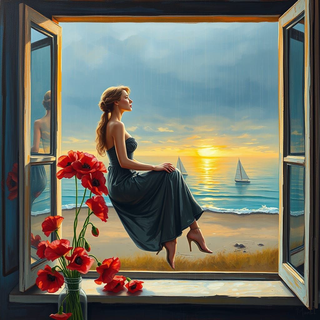Surreal Oil Painting of a Woman Contemplating a Rainy Beach ...