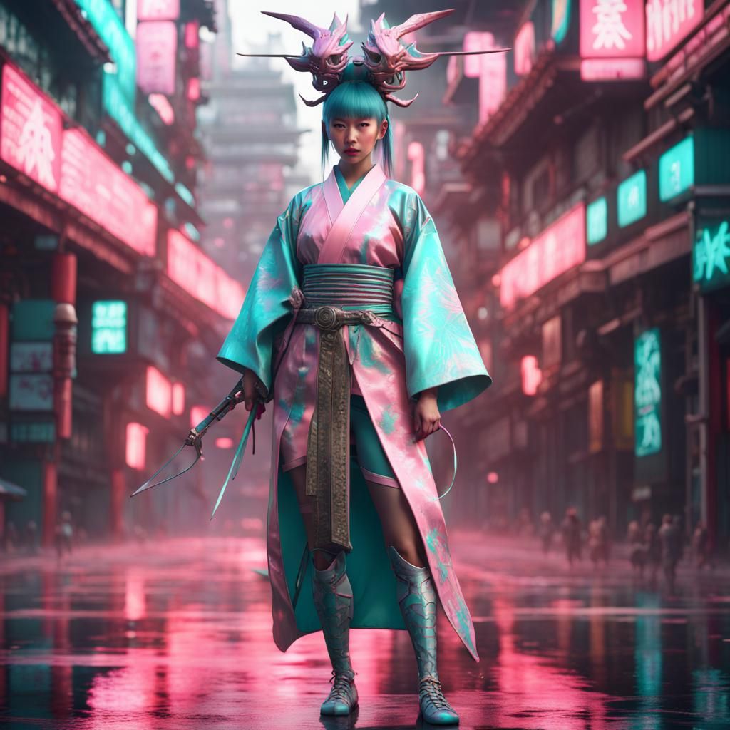 Futuristic Cyberpunk Asian Model in Kimono