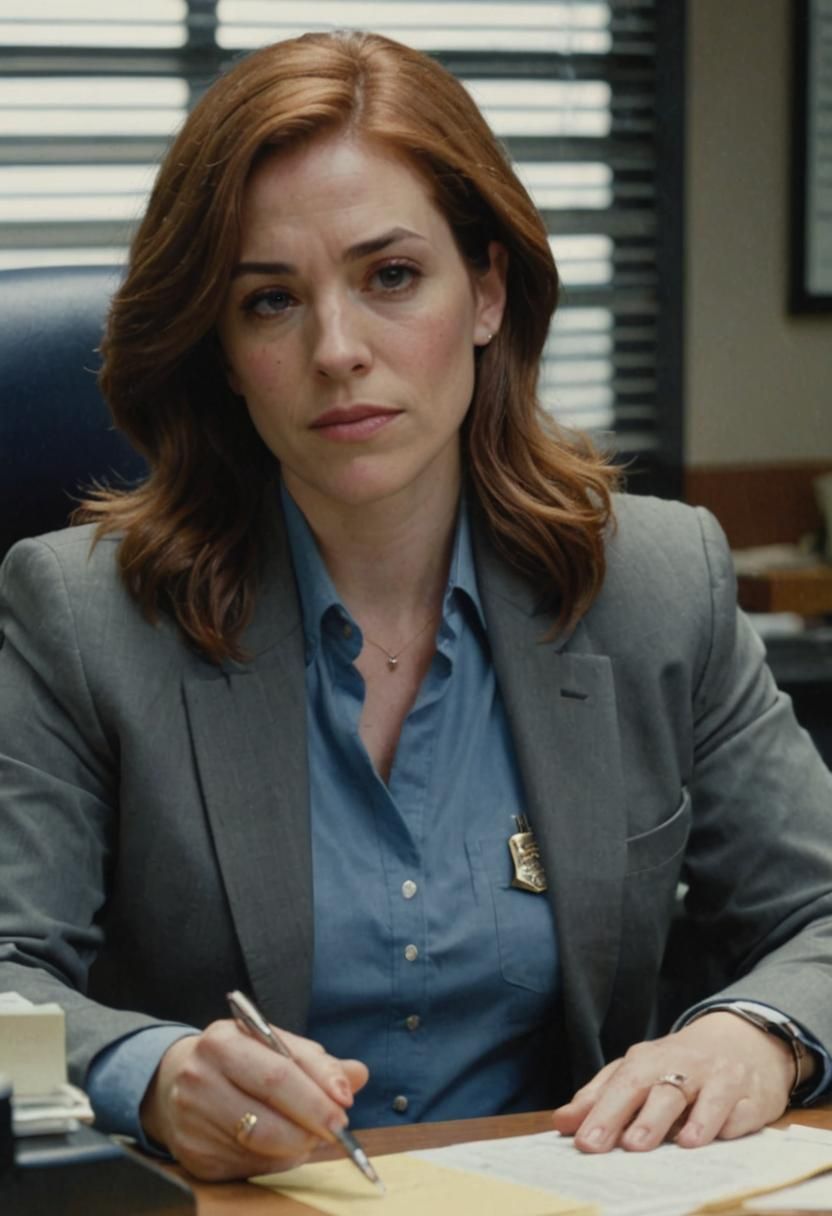 Detective Sits at Her Desk in Police Station