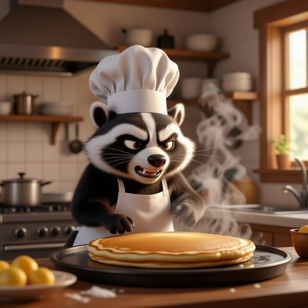 Grumpy Badger Chef Struggles With Pancake in Pixar Style