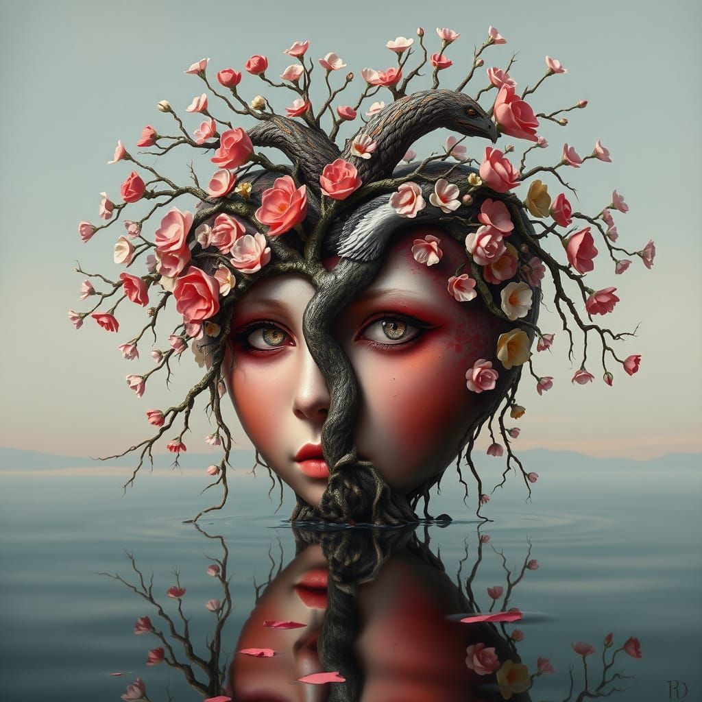 Surreal Heart of Liquid Flowers in Retro Boho Style