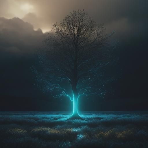 Person Surrounded by Glowing Lines in Stormy Landscape