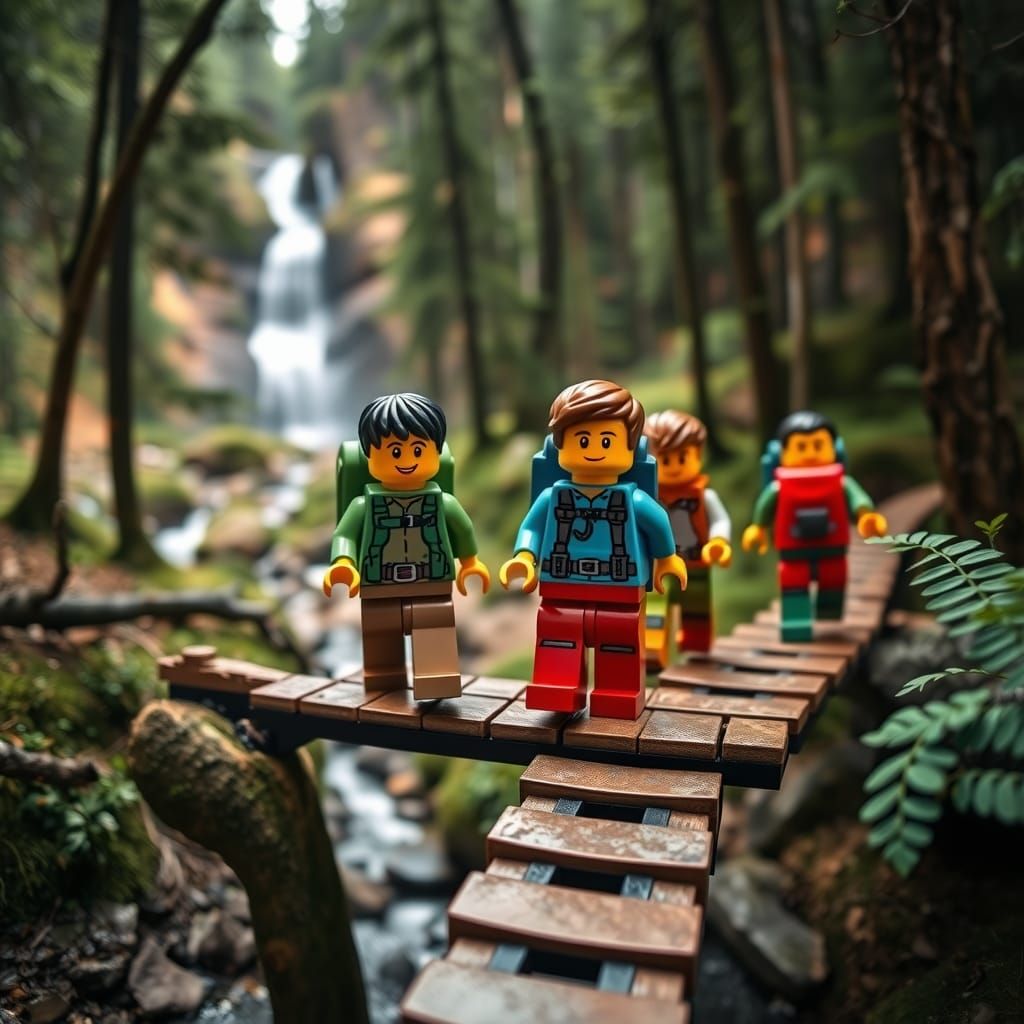 Lego Minifigure Hikers Crossing Forest Bridge