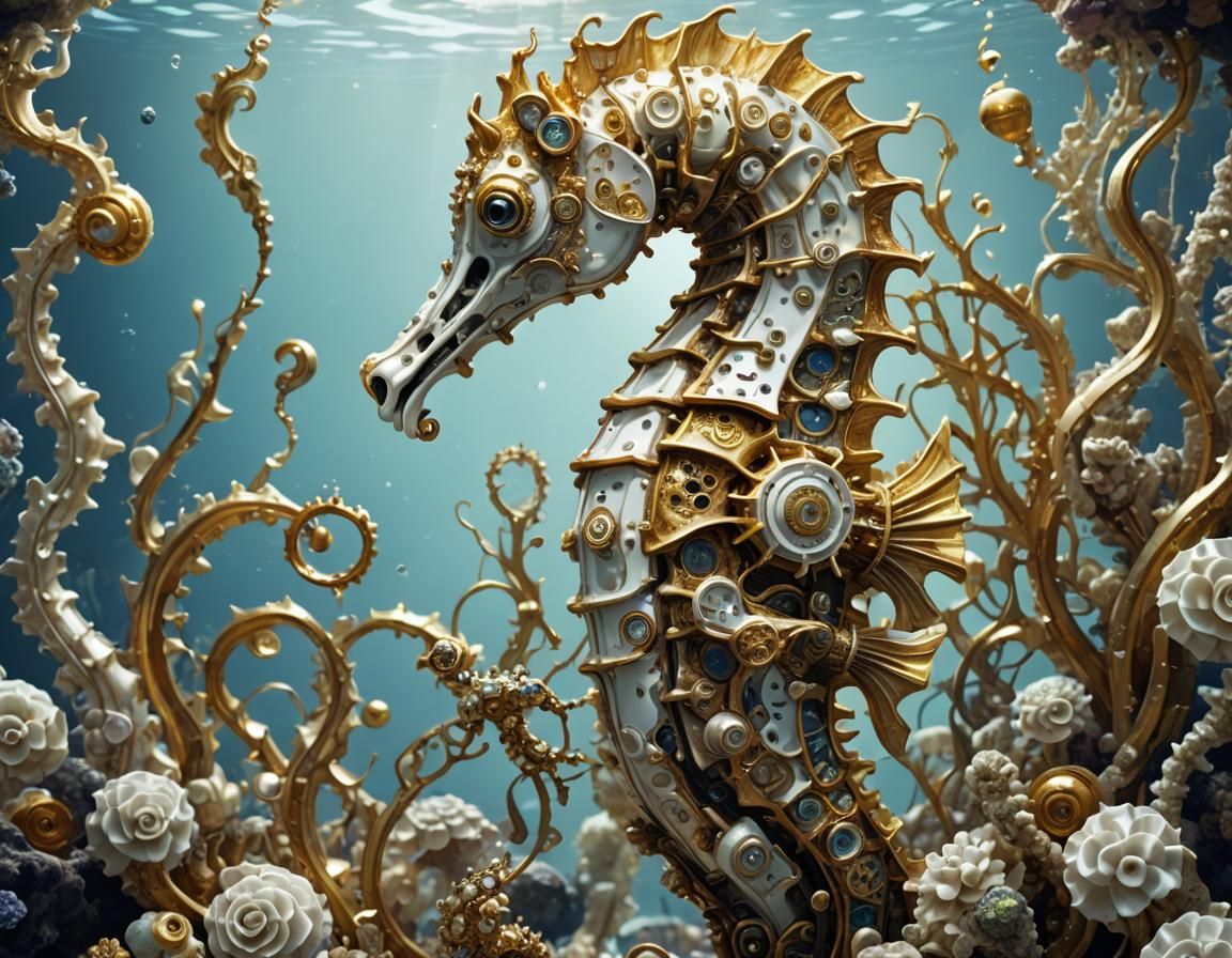 Futuristic Mechanical Seahorse in Digital Aquarium