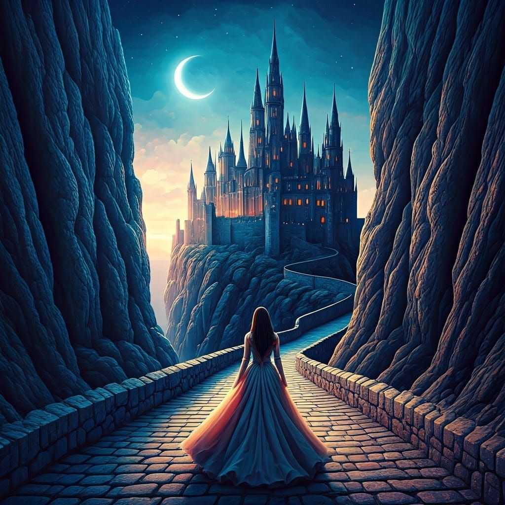 Majestic Castle with Woman Under Starry Sky