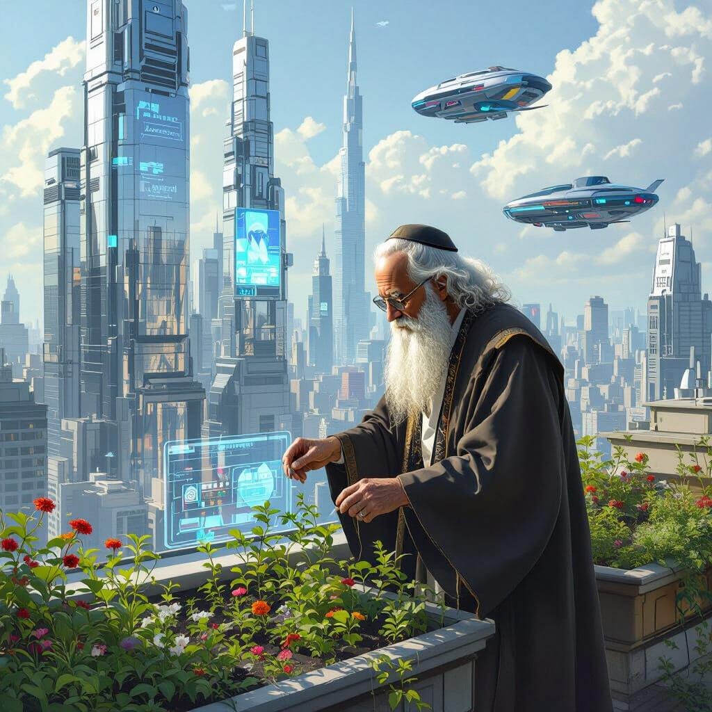 Rooftop Garden Oasis in Futuristic Cityscape
