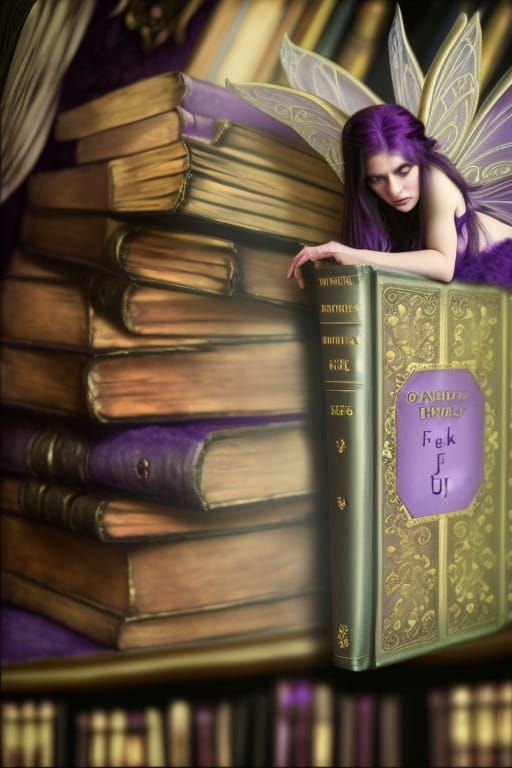 Purple Fairy Lounging on Leather Book, Detailed Library