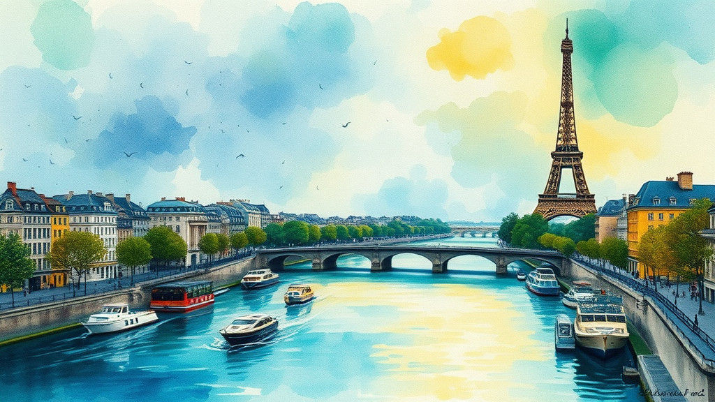 Parisian Cityscape with Eiffel Tower as Watercolor