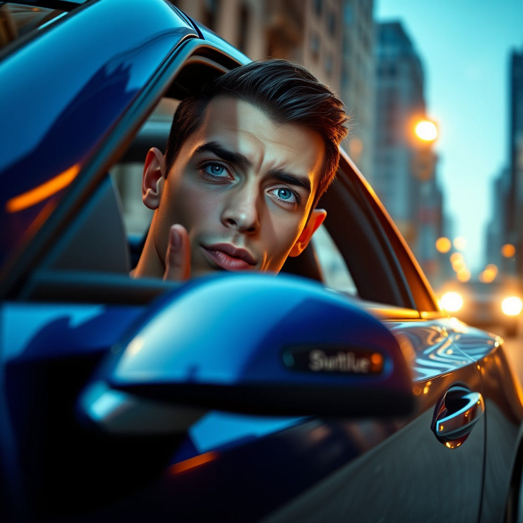 Blue Car Kiss: Hyperrealistic Digital Portrait