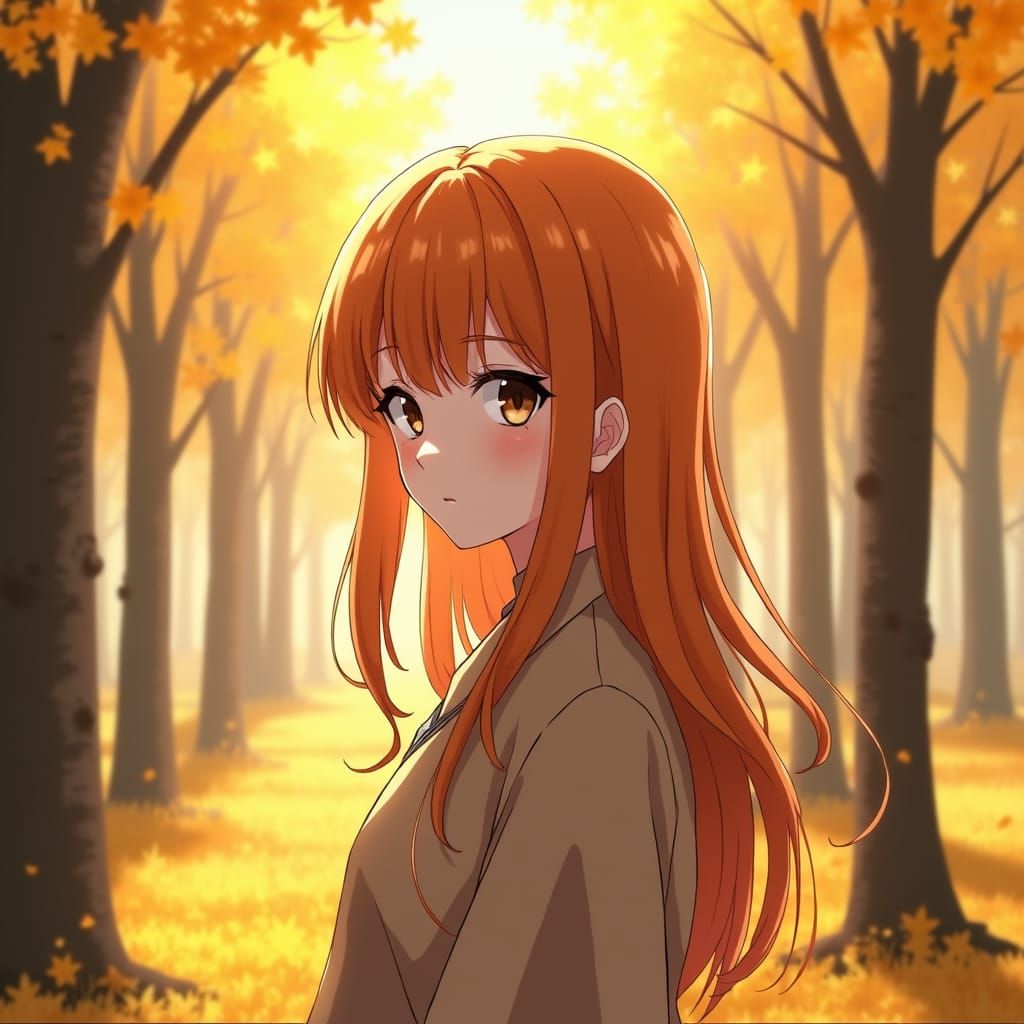 Anime Girl in Autumn Forest, 3D Render