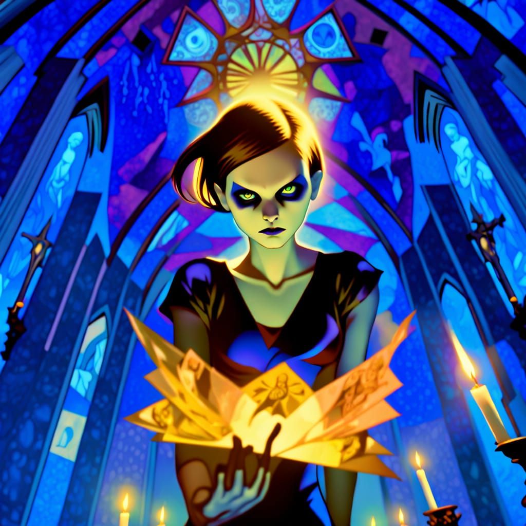 Mysterious Figure in Crepuscule Cathedral, Rendered in Elega...