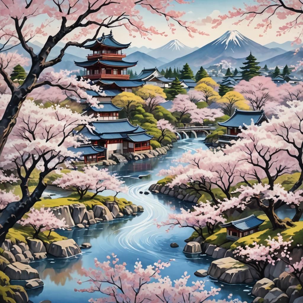 Japanese Cherry Blossom Landscape with Shibori Textile Art