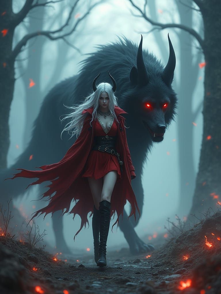 Pale Demoness with Shadow-Wolf in Haunted Forest