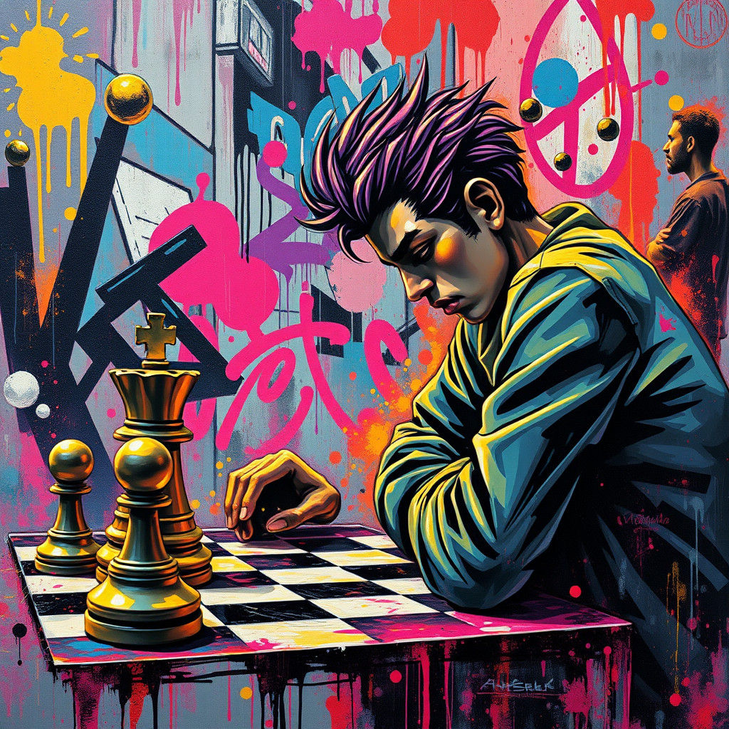 Victorious Chess Player in Graffiti Art Style