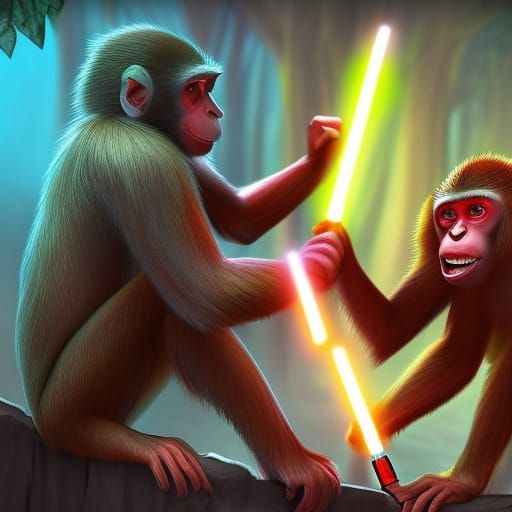 Monkeys Duel with Lightsabers in Fantasy Art