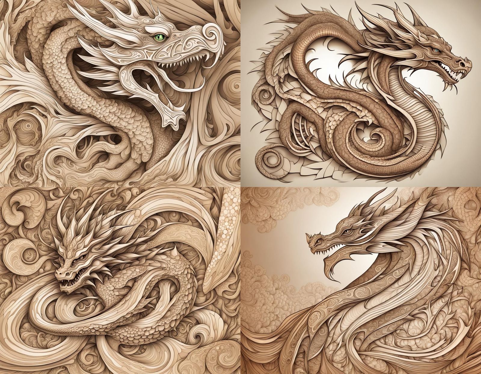 Abstract Wood Dragon with Fractal and Zentangle Elements