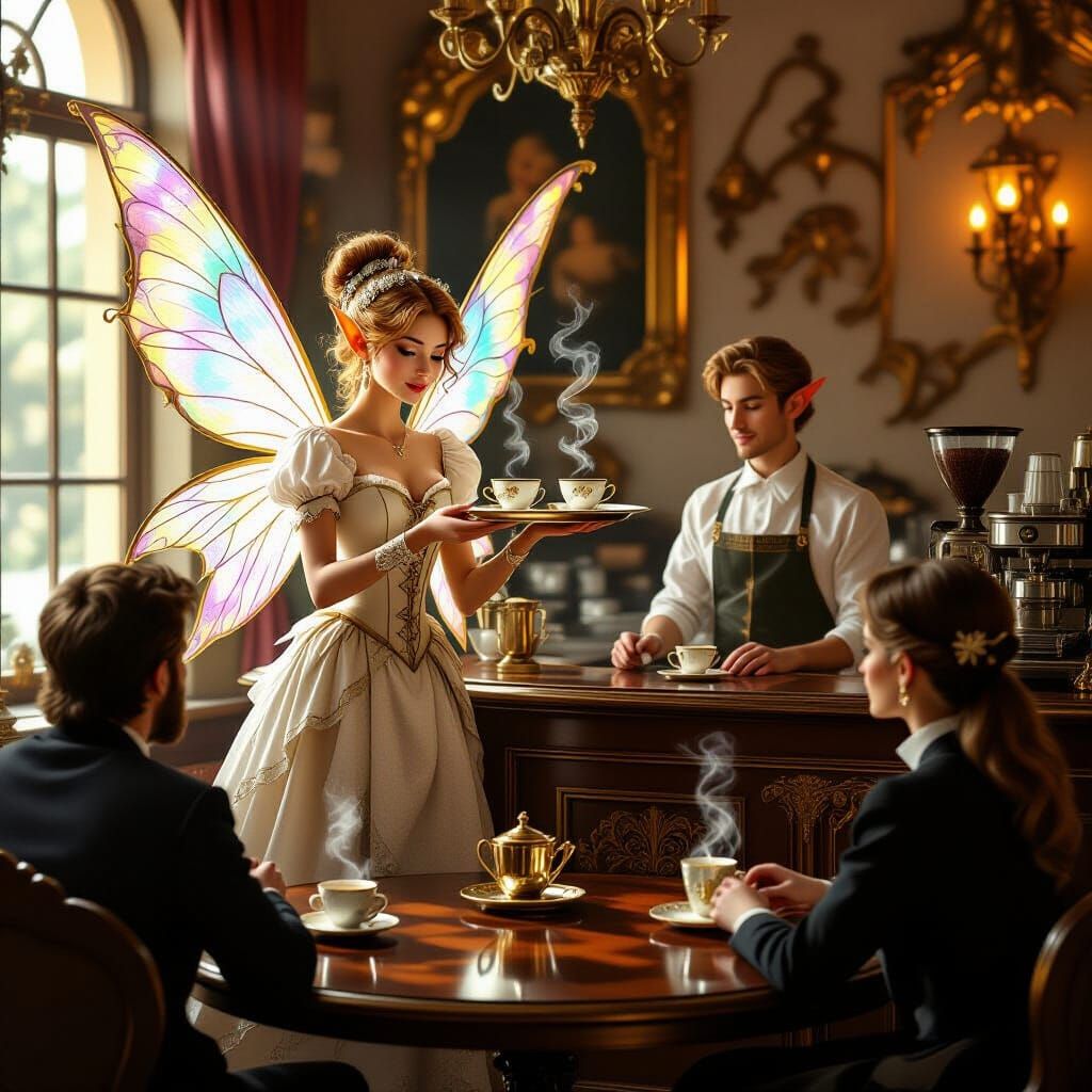 Fairy Serves Tea in Minimalist Baroque Coffeehouse