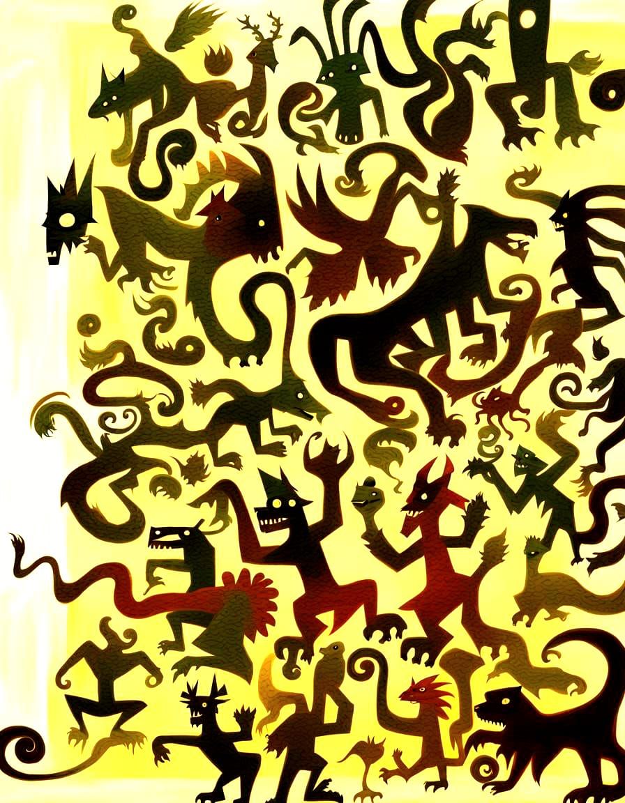 Hieroglyphic Shadow Beasts in Outsider Art Style