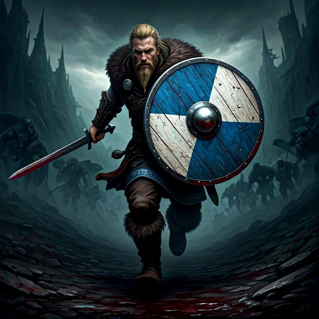 Viking Warrior Charges Forward with Weathered Shield