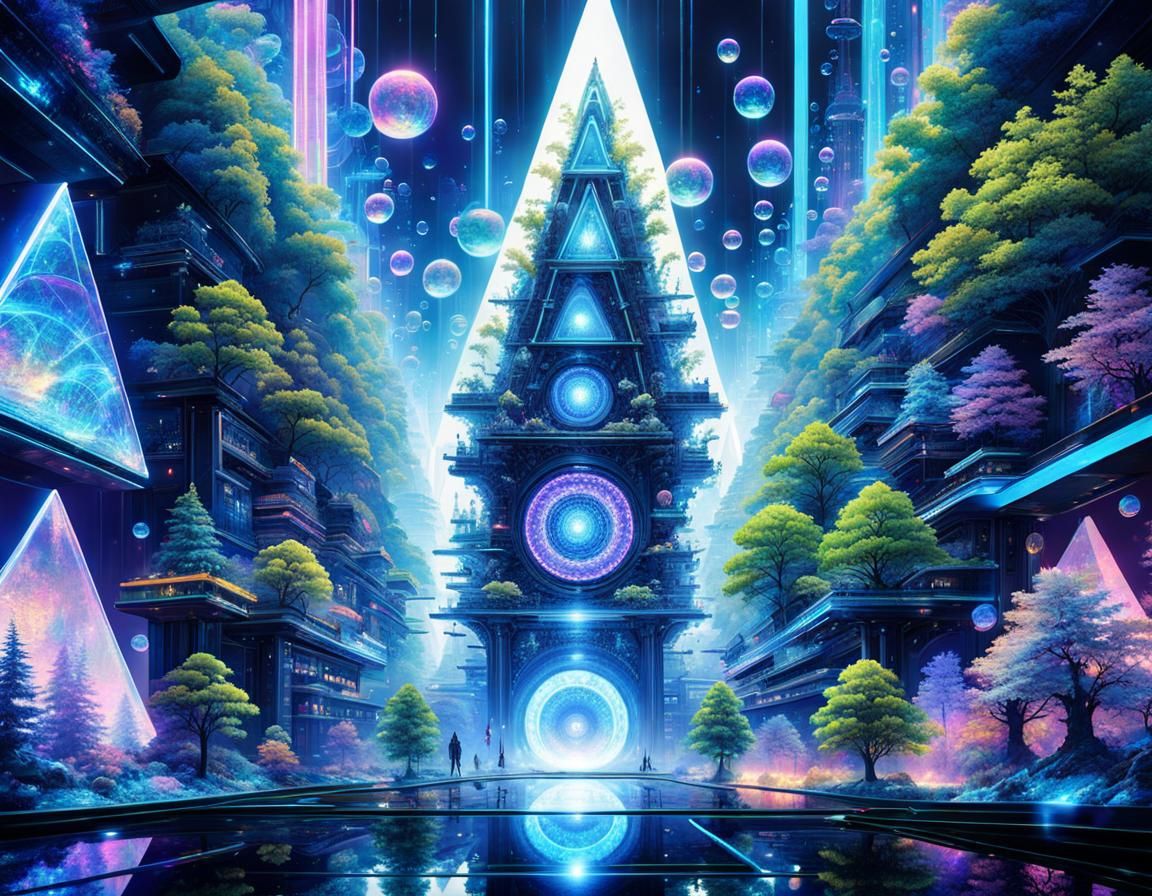 Futuristic Neon Forest City with Blue Portal