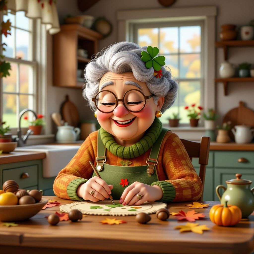 Grandmother's Autumn Crafting in Pixar Style