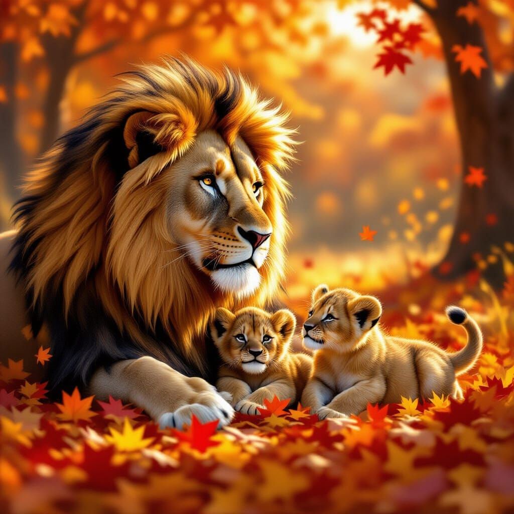 Majestic Lion and Cubs in Autumn Light