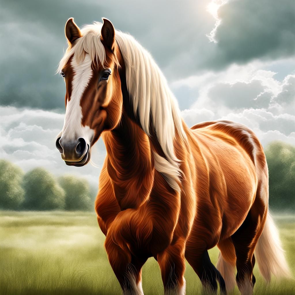 Belgian Draft Horse in Sunny Meadow: Photorealistic Portrait